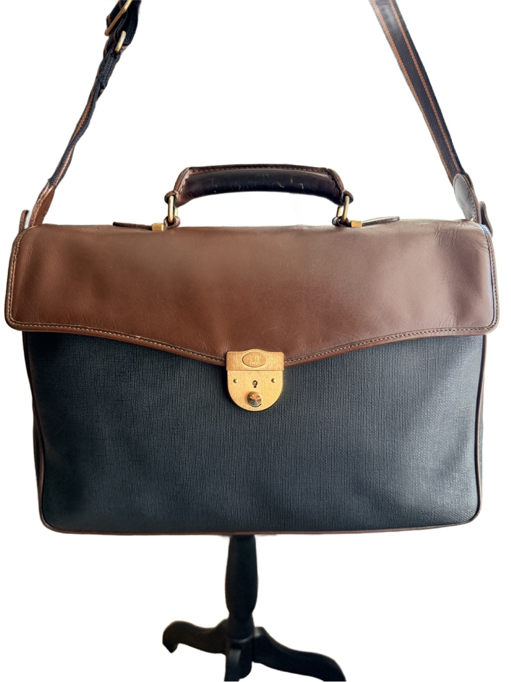 Vintage Dunhill Brown Leather & Black Canvas Men's Briefcase Messenger Bag